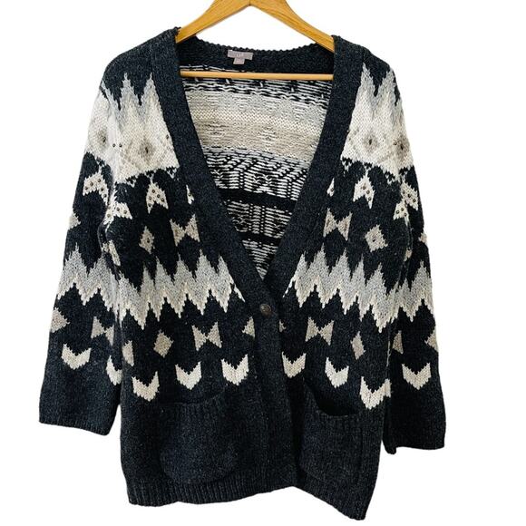 J.Jill Chunky Knit Fair Isle Embellished Wool Blend Oversized Cardigan Size L - Picture 1 of 6